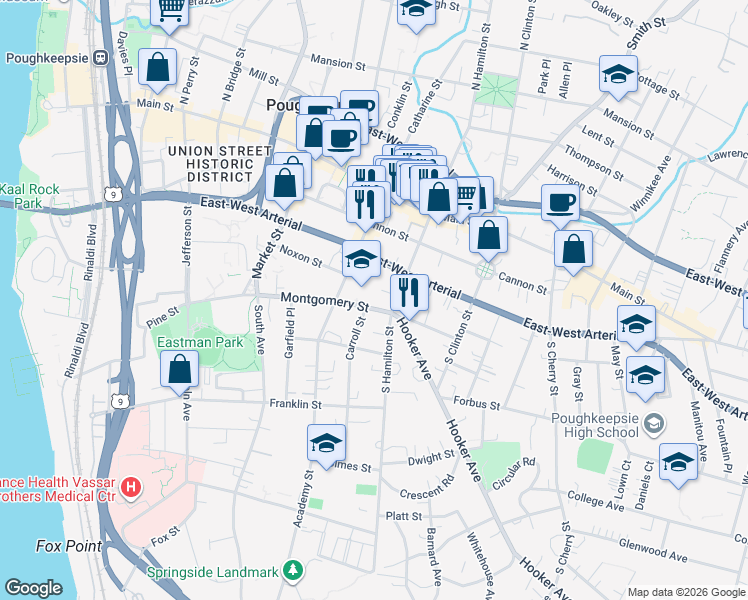 map of restaurants, bars, coffee shops, grocery stores, and more near 112 Montgomery Street in Poughkeepsie