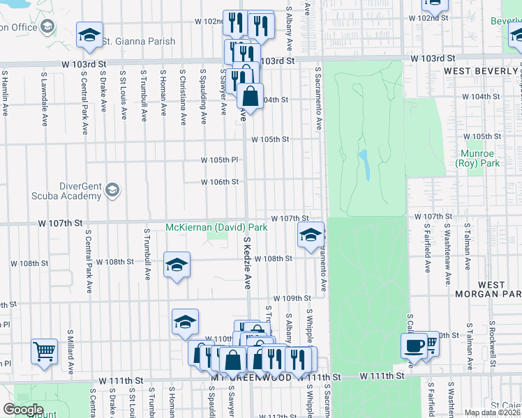 map of restaurants, bars, coffee shops, grocery stores, and more near 10625 South Kedzie Avenue in Chicago