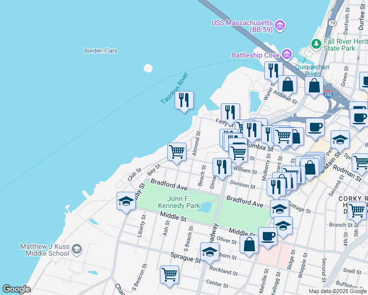 map of restaurants, bars, coffee shops, grocery stores, and more near 700 Shore Drive in Fall River