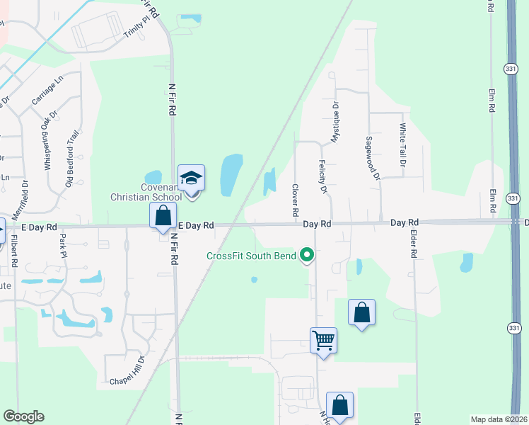map of restaurants, bars, coffee shops, grocery stores, and more near 14769 East Day Road in Mishawaka