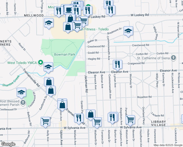 map of restaurants, bars, coffee shops, grocery stores, and more near 1657 Stanbery Court in Toledo
