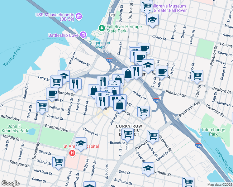 map of restaurants, bars, coffee shops, grocery stores, and more near 222 Milliken Boulevard in Fall River