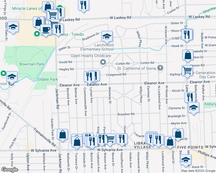 map of restaurants, bars, coffee shops, grocery stores, and more near 4441 Westway Street in Toledo