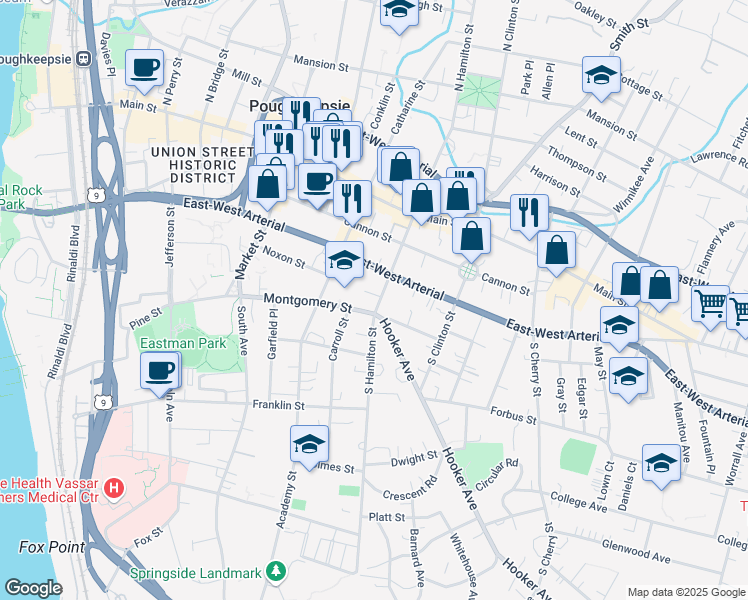 map of restaurants, bars, coffee shops, grocery stores, and more near 51 South Hamilton Street in Poughkeepsie