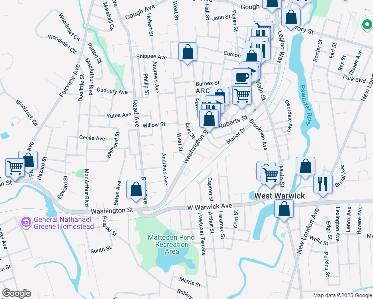 map of restaurants, bars, coffee shops, grocery stores, and more near 29 West Street in West Warwick