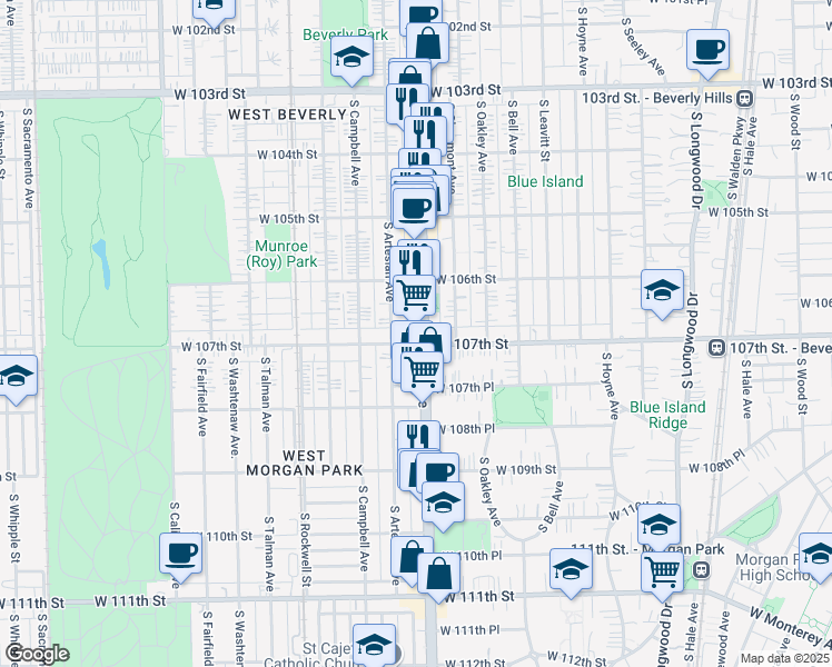 map of restaurants, bars, coffee shops, grocery stores, and more near 10615 South Western Avenue in Chicago
