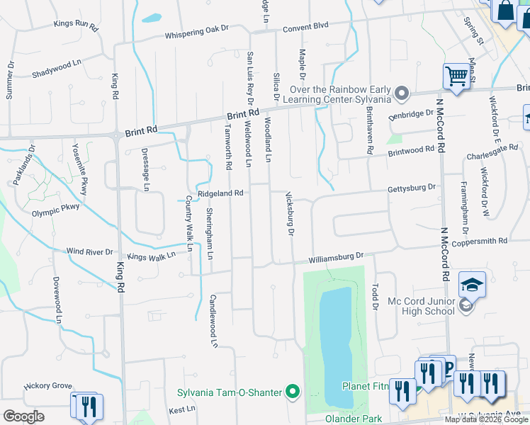 map of restaurants, bars, coffee shops, grocery stores, and more near 4725 Woodland Lane in Sylvania