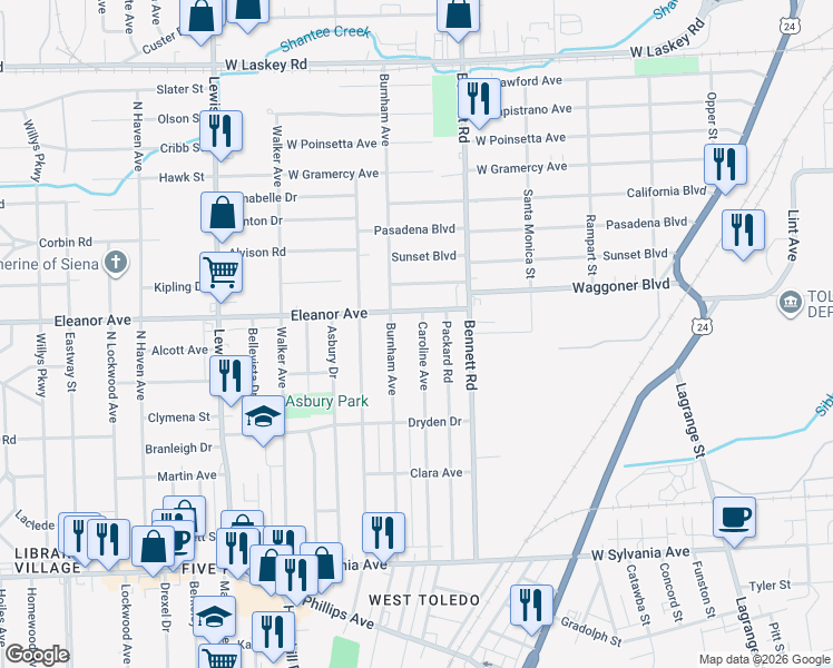 map of restaurants, bars, coffee shops, grocery stores, and more near 4435 Caroline Avenue in Toledo