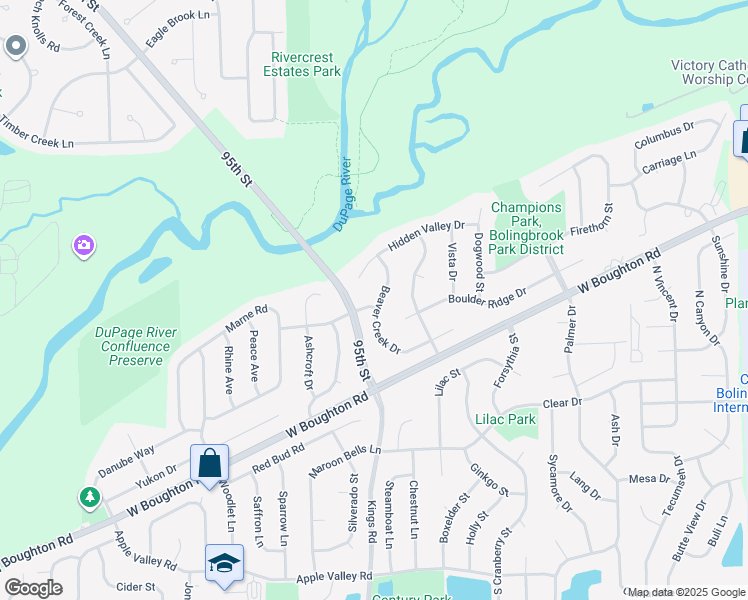 map of restaurants, bars, coffee shops, grocery stores, and more near 251 Beaver Creek Drive in Bolingbrook