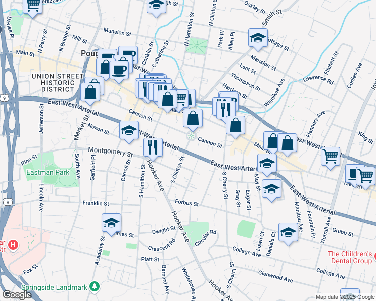 map of restaurants, bars, coffee shops, grocery stores, and more near 25 South Clinton Street in Poughkeepsie