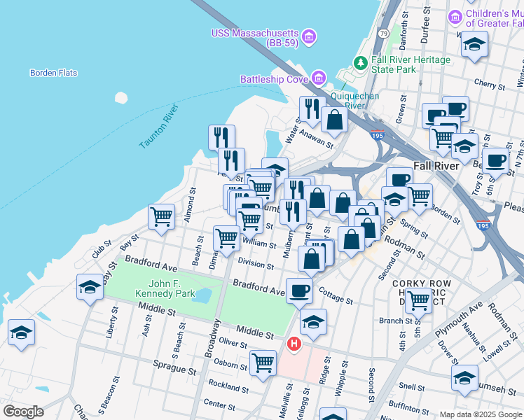 map of restaurants, bars, coffee shops, grocery stores, and more near 53 Eagle Street in Fall River