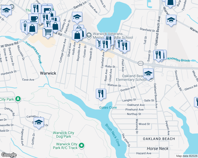 map of restaurants, bars, coffee shops, grocery stores, and more near 104 Canfield Avenue in Warwick