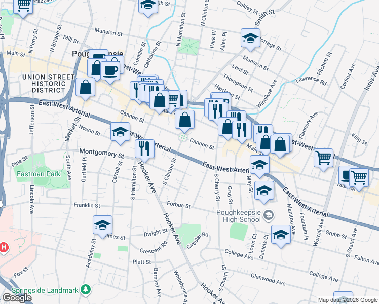 map of restaurants, bars, coffee shops, grocery stores, and more near 152 Cannon Street in Poughkeepsie