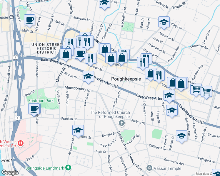 map of restaurants, bars, coffee shops, grocery stores, and more near 241 Church Street in Poughkeepsie