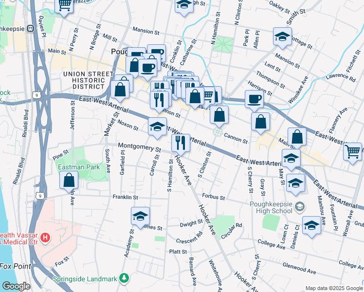 map of restaurants, bars, coffee shops, grocery stores, and more near 230 East-West Arterial in Poughkeepsie