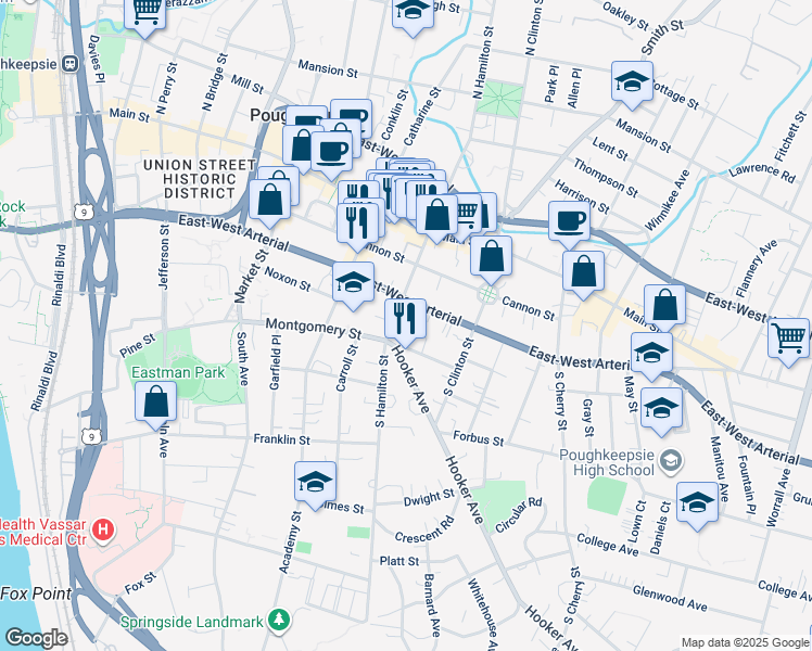 map of restaurants, bars, coffee shops, grocery stores, and more near 230 East-West Arterial in Poughkeepsie