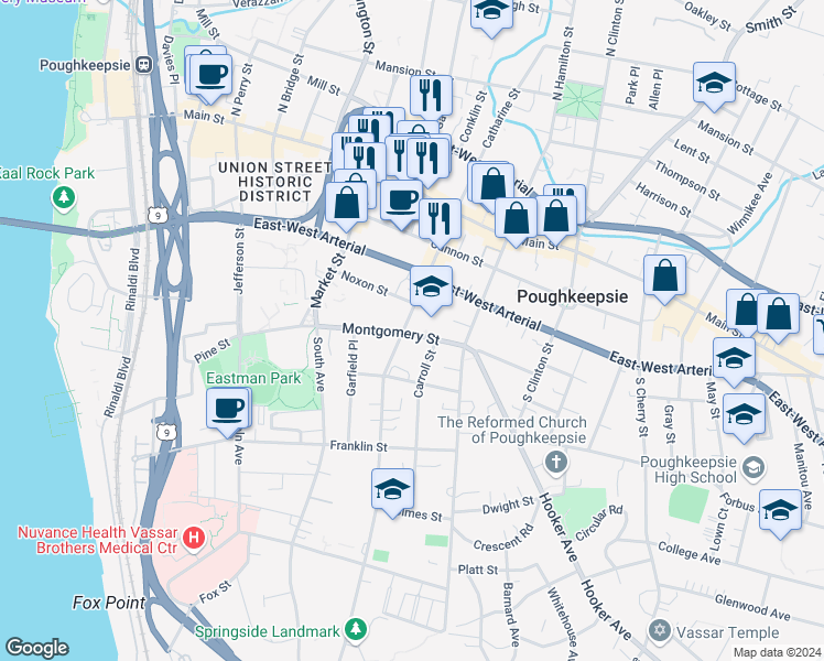 map of restaurants, bars, coffee shops, grocery stores, and more near 74 Academy Street in Poughkeepsie