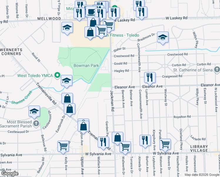 map of restaurants, bars, coffee shops, grocery stores, and more near 4449 Jackman Road in Toledo