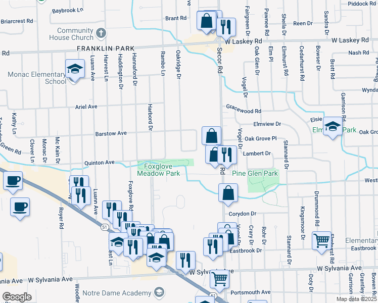 map of restaurants, bars, coffee shops, grocery stores, and more near 4542 Oakridge Drive in Toledo