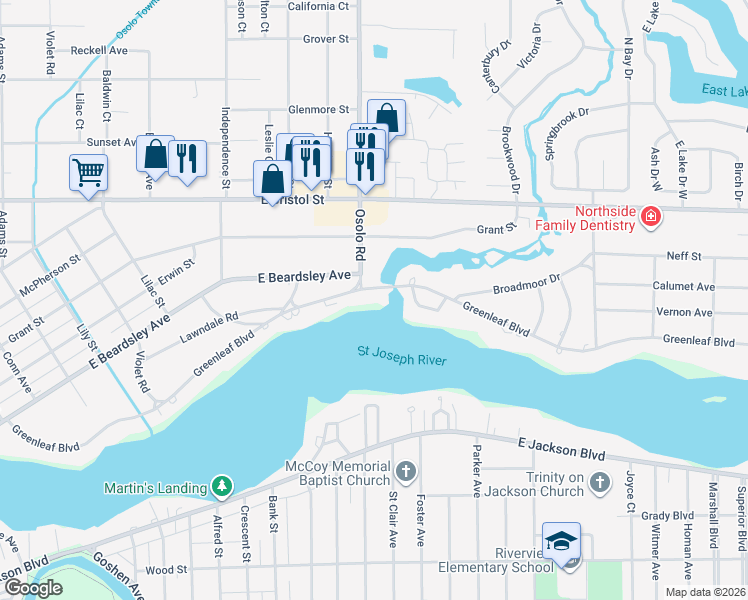 map of restaurants, bars, coffee shops, grocery stores, and more near 1910-1998 Greenleaf Boulevard in Elkhart