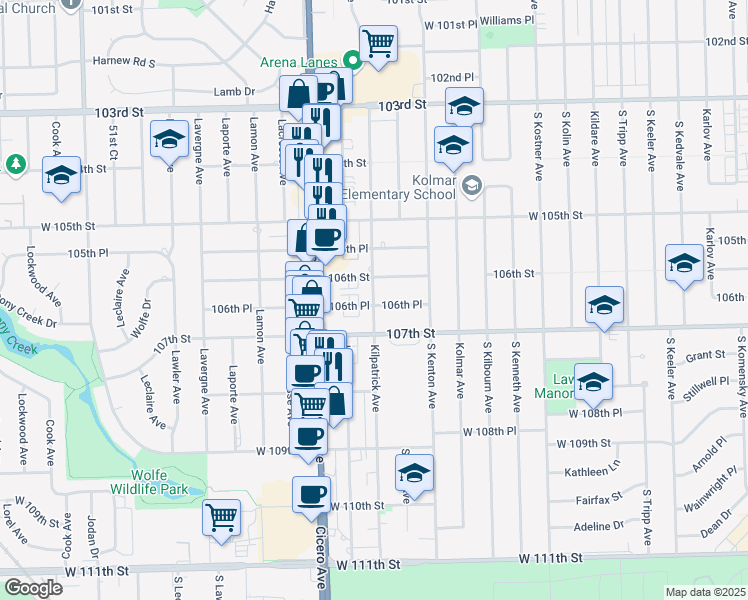 map of restaurants, bars, coffee shops, grocery stores, and more near 4705 West 106th Street in Oak Lawn