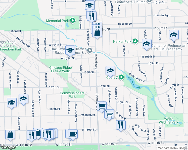 map of restaurants, bars, coffee shops, grocery stores, and more near 10555 Parkside Avenue in Chicago Ridge