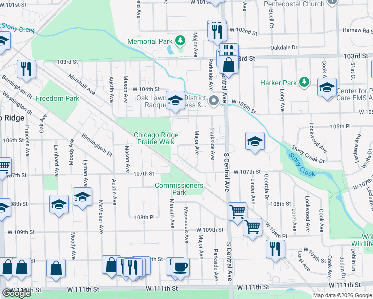 map of restaurants, bars, coffee shops, grocery stores, and more near 5730 106th Street in Chicago Ridge