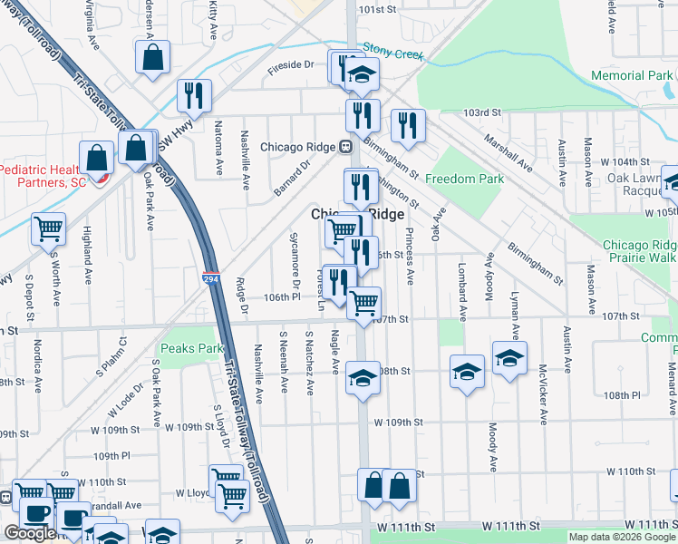 map of restaurants, bars, coffee shops, grocery stores, and more near 10600 Ridgeland Avenue in Chicago Ridge