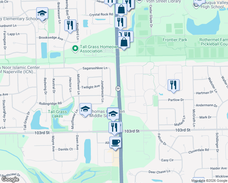 map of restaurants, bars, coffee shops, grocery stores, and more near 2935 Saganashkee Lane in Naperville