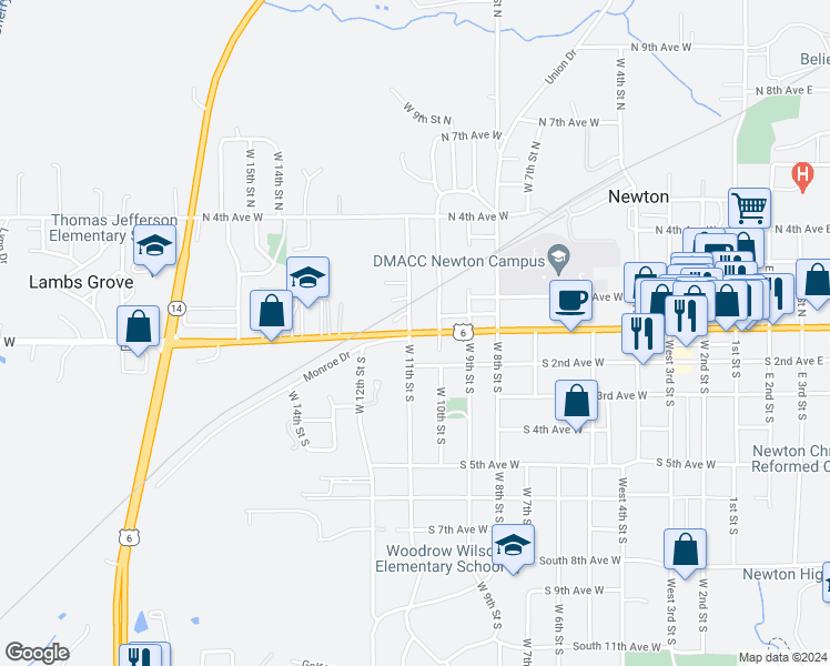 map of restaurants, bars, coffee shops, grocery stores, and more near 114 West 11th Street North in Newton