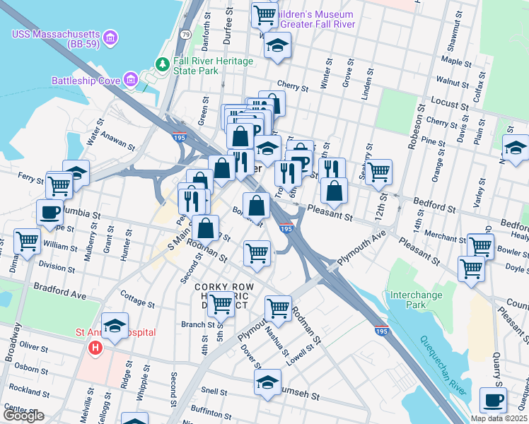 map of restaurants, bars, coffee shops, grocery stores, and more near 10 South Frontage Road in Fall River