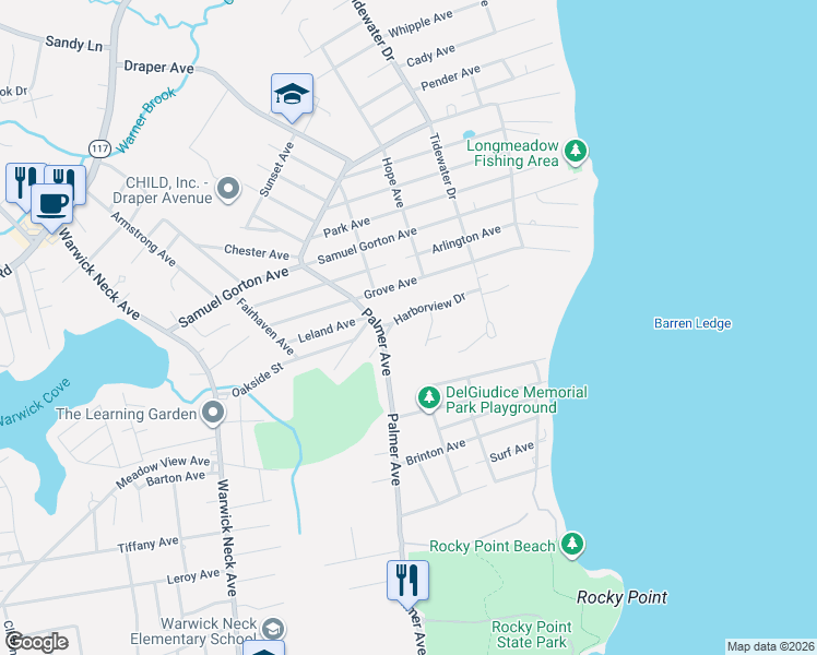 map of restaurants, bars, coffee shops, grocery stores, and more near 65 Harborview Drive in Warwick