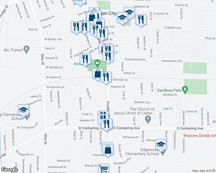 map of restaurants, bars, coffee shops, grocery stores, and more near 2800 Franklin Street in Michigan City