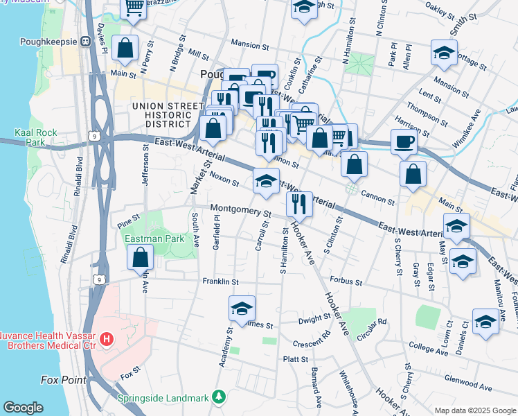 map of restaurants, bars, coffee shops, grocery stores, and more near 98 Montgomery Street in Poughkeepsie
