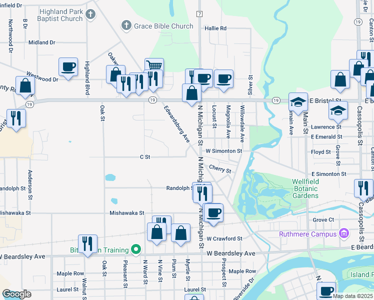 map of restaurants, bars, coffee shops, grocery stores, and more near Miles Avenue in Elkhart