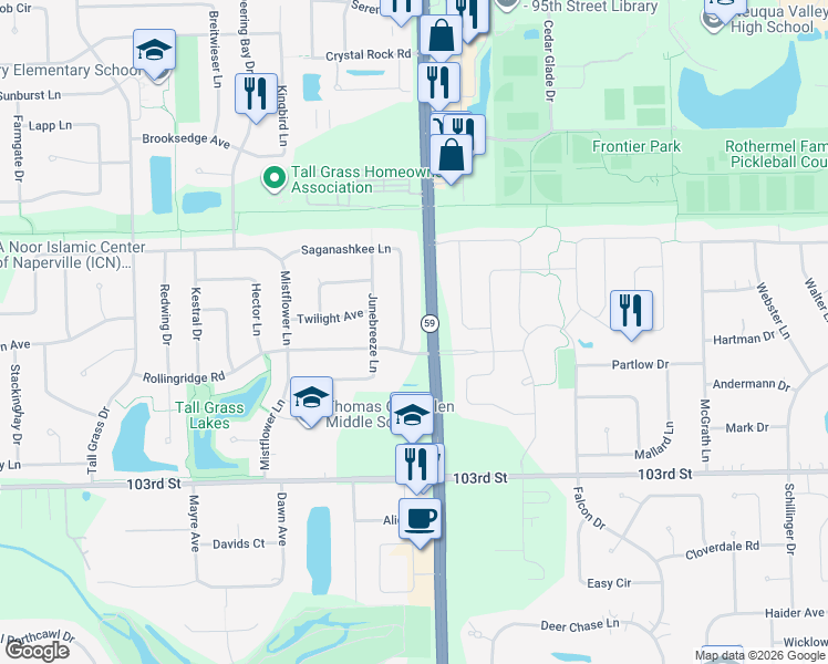 map of restaurants, bars, coffee shops, grocery stores, and more near 2935 Saganashkee Lane in Naperville
