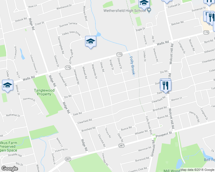 map of restaurants, bars, coffee shops, grocery stores, and more near 86 Olney Road in Wethersfield