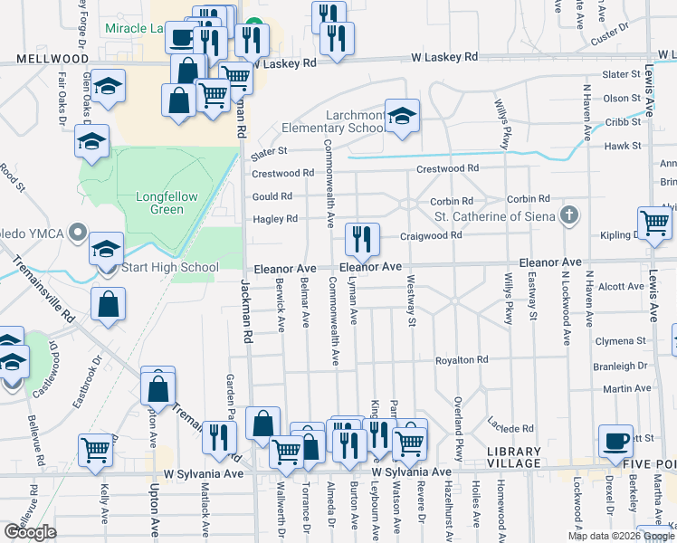 map of restaurants, bars, coffee shops, grocery stores, and more near 4513 Commonwealth Avenue in Toledo