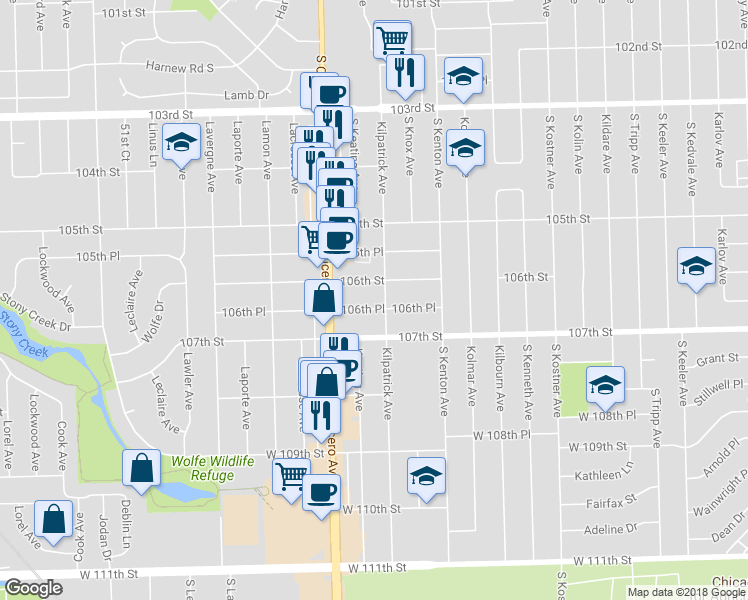 map of restaurants, bars, coffee shops, grocery stores, and more near 4704 West 106th Place in Oak Lawn