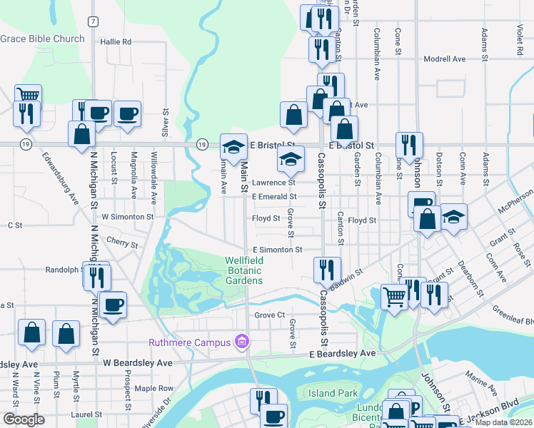 map of restaurants, bars, coffee shops, grocery stores, and more near 121 East Emerald Street in Elkhart