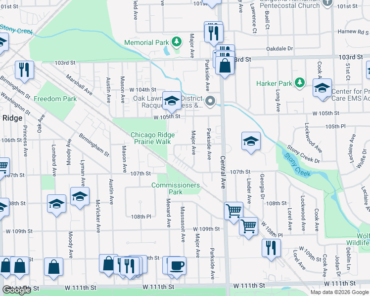 map of restaurants, bars, coffee shops, grocery stores, and more near 5713 106th Street in Chicago Ridge