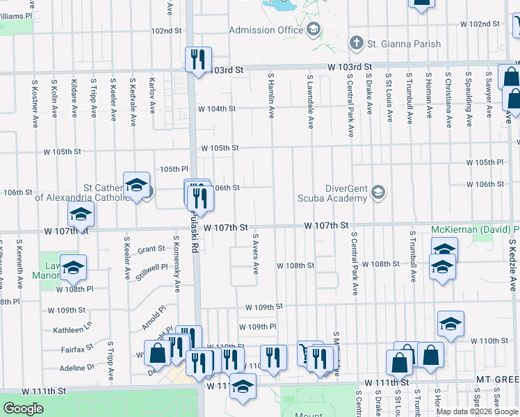 map of restaurants, bars, coffee shops, grocery stores, and more near 10615 South Avers Avenue in Chicago