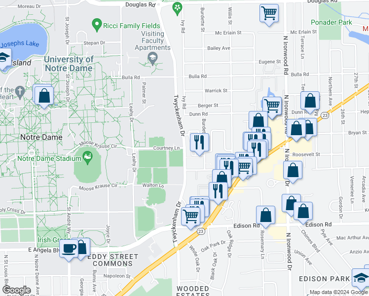 map of restaurants, bars, coffee shops, grocery stores, and more near 54592 Twyckenham Drive in Notre Dame