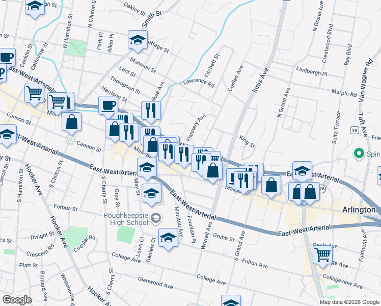 map of restaurants, bars, coffee shops, grocery stores, and more near 472 Maple Street in Poughkeepsie