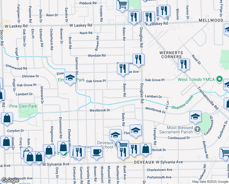 map of restaurants, bars, coffee shops, grocery stores, and more near 2656 Castleton Avenue in Toledo