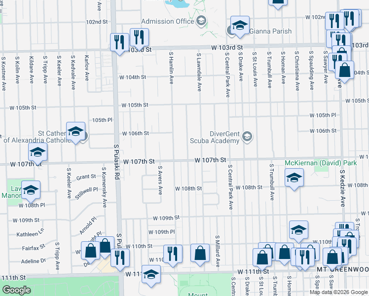 map of restaurants, bars, coffee shops, grocery stores, and more near 10611 South Hamlin Avenue in Chicago