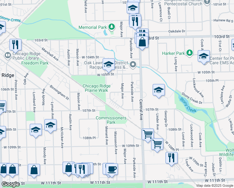 map of restaurants, bars, coffee shops, grocery stores, and more near 5713 West 106th Street in Chicago Ridge