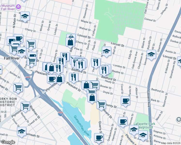 map of restaurants, bars, coffee shops, grocery stores, and more near 732 Bedford Street in Fall River
