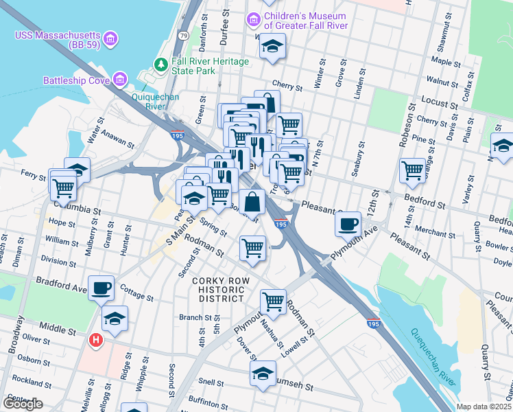 map of restaurants, bars, coffee shops, grocery stores, and more near 10 Jeremiah V. Sullivan Drive in Fall River