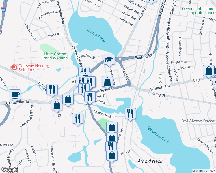 map of restaurants, bars, coffee shops, grocery stores, and more near 133 Pleasant Street in Warwick